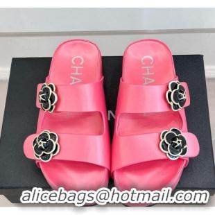 Luxury Chanel Satin Platform Slides Sandal with Camellia Strap Pink2 2025 CH041707 