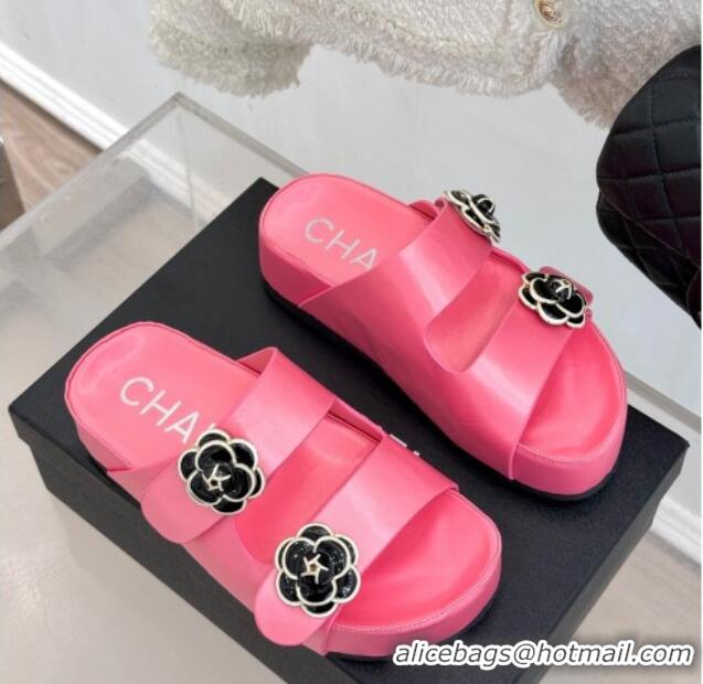Luxury Chanel Satin Platform Slides Sandal with Camellia Strap Pink2 2025 CH041707 