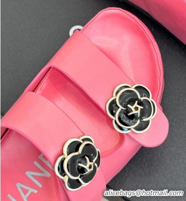 Luxury Chanel Satin Platform Slides Sandal with Camellia Strap Pink2 2025 CH041707 