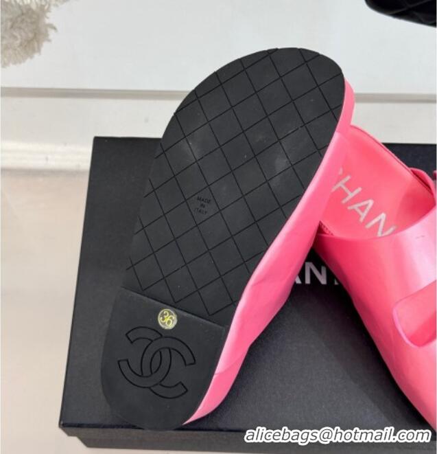Luxury Chanel Satin Platform Slides Sandal with Camellia Strap Pink2 2025 CH041707 