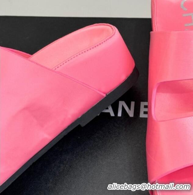 Luxury Chanel Satin Platform Slides Sandal with Camellia Strap Pink2 2025 CH041707 