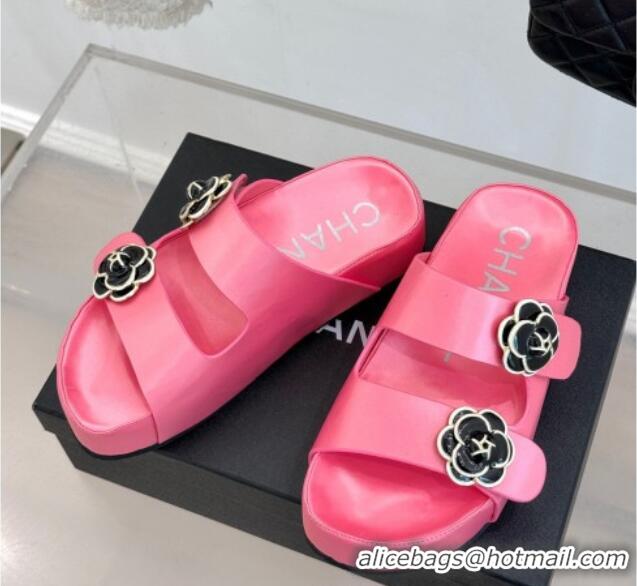 Luxury Chanel Satin Platform Slides Sandal with Camellia Strap Pink2 2025 CH041707 