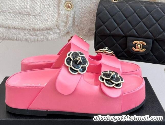 Luxury Chanel Satin Platform Slides Sandal with Camellia Strap Pink2 2025 CH041707 