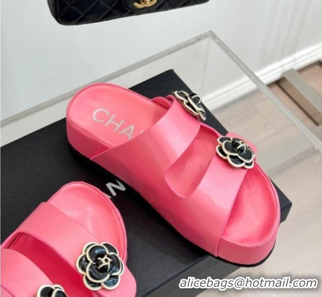 Luxury Chanel Satin Platform Slides Sandal with Camellia Strap Pink2 2025 CH041707 