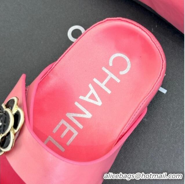 Luxury Chanel Satin Platform Slides Sandal with Camellia Strap Pink2 2025 CH041707 