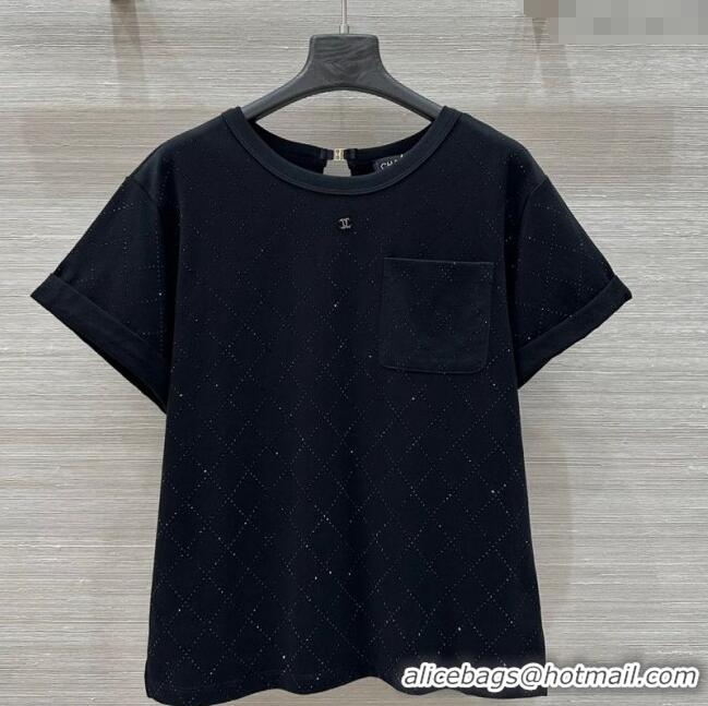 Top Design Chanel Strass Quilted Cotton T-Shirt 30016 Black 2025