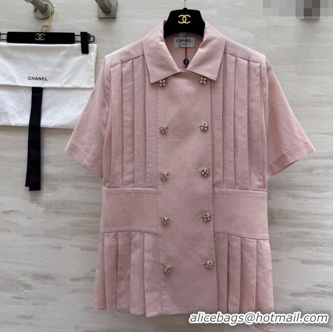 Super Quality Chanel Linen Pleated Shirt 30032 Light Pink 2025