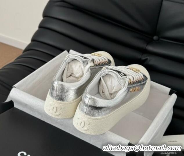 Best Grade Chanel Calfskin Platform Sneakers Silver 2025 CH041708