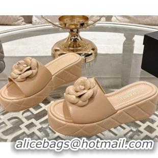 Good Product Chanel Lambskin Platform Wedge Slides Sandal 7cm with Camellia Beige 2025 CH041710