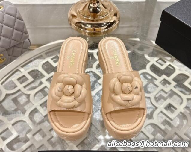 Good Product Chanel Lambskin Platform Wedge Slides Sandal 7cm with Camellia Beige 2025 CH041710