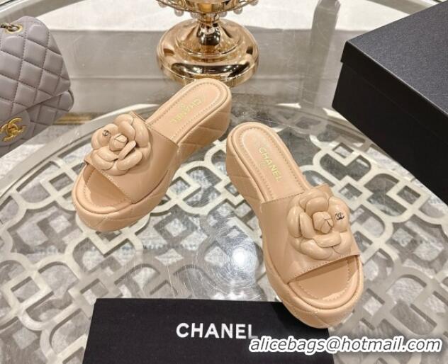 Good Product Chanel Lambskin Platform Wedge Slides Sandal 7cm with Camellia Beige 2025 CH041710
