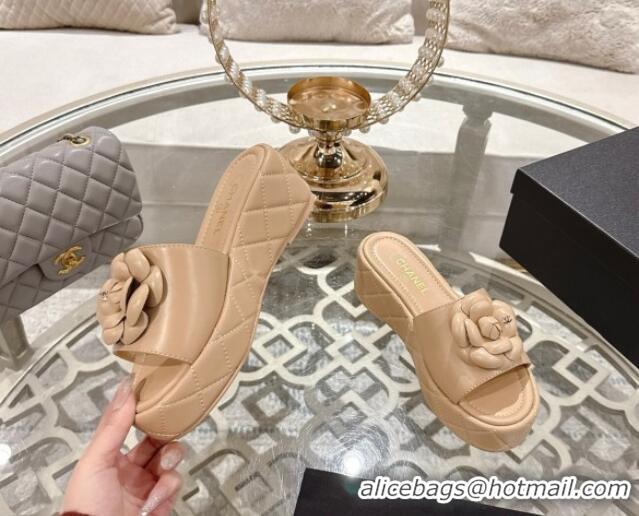Good Product Chanel Lambskin Platform Wedge Slides Sandal 7cm with Camellia Beige 2025 CH041710