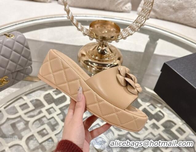 Good Product Chanel Lambskin Platform Wedge Slides Sandal 7cm with Camellia Beige 2025 CH041710