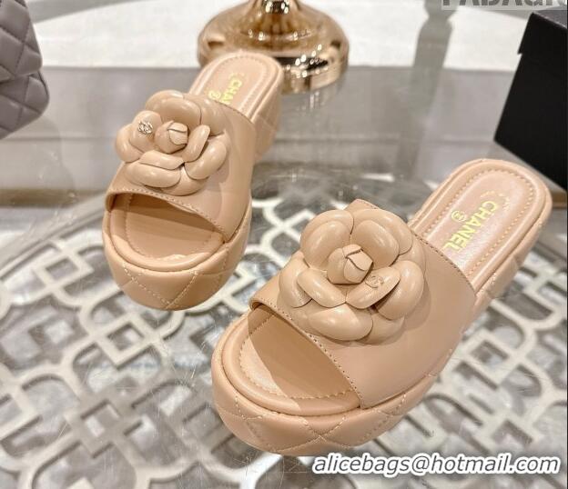 Good Product Chanel Lambskin Platform Wedge Slides Sandal 7cm with Camellia Beige 2025 CH041710