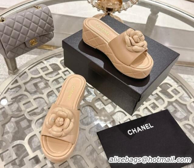 Good Product Chanel Lambskin Platform Wedge Slides Sandal 7cm with Camellia Beige 2025 CH041710