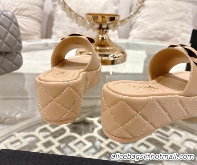 Good Product Chanel Lambskin Platform Wedge Slides Sandal 7cm with Camellia Beige 2025 CH041710