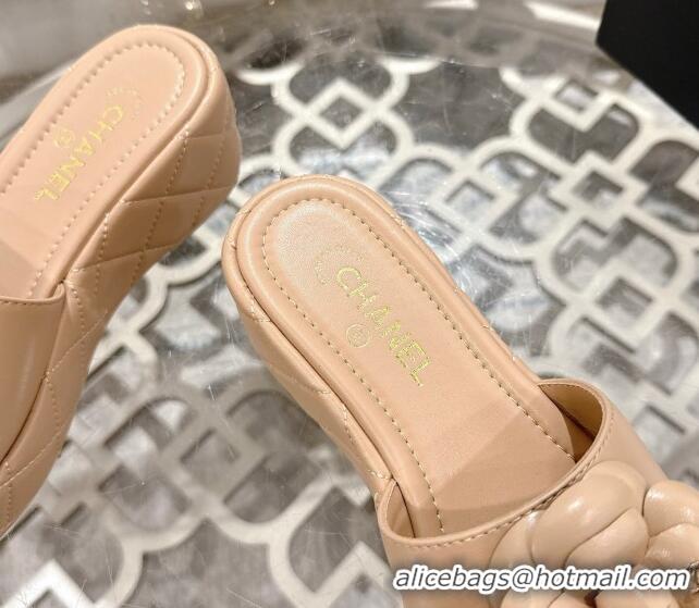 Good Product Chanel Lambskin Platform Wedge Slides Sandal 7cm with Camellia Beige 2025 CH041710