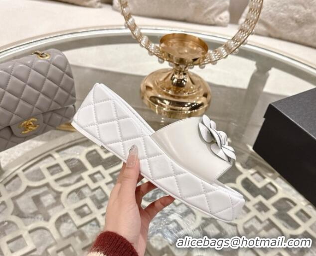 Good Quality Chanel Lambskin Platform Wedge Slides Sandal 7cm with Camellia White 2025 CH041710