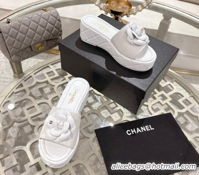 Good Quality Chanel Lambskin Platform Wedge Slides Sandal 7cm with Camellia White 2025 CH041710