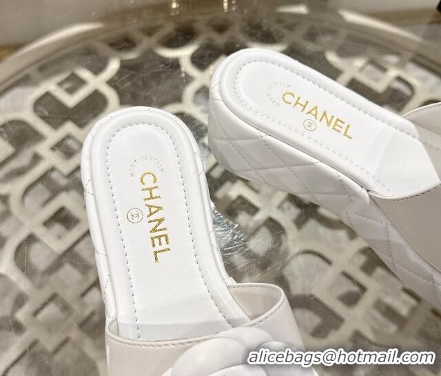 Good Quality Chanel Lambskin Platform Wedge Slides Sandal 7cm with Camellia White 2025 CH041710