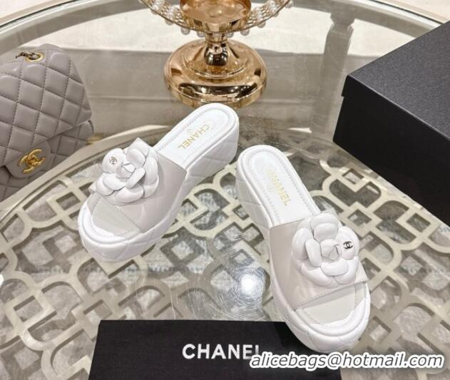 Good Quality Chanel Lambskin Platform Wedge Slides Sandal 7cm with Camellia White 2025 CH041710
