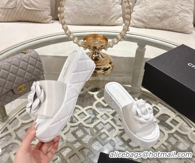 Good Quality Chanel Lambskin Platform Wedge Slides Sandal 7cm with Camellia White 2025 CH041710