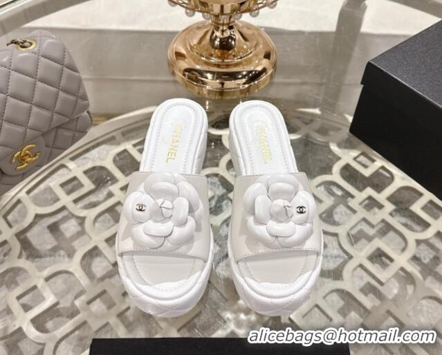 Good Quality Chanel Lambskin Platform Wedge Slides Sandal 7cm with Camellia White 2025 CH041710