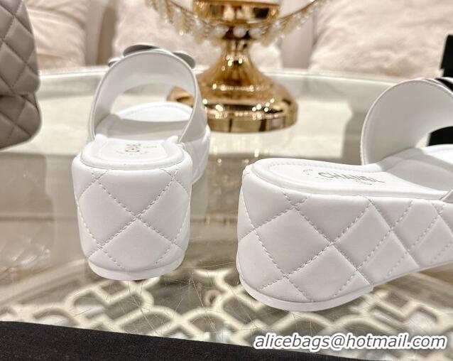 Good Quality Chanel Lambskin Platform Wedge Slides Sandal 7cm with Camellia White 2025 CH041710