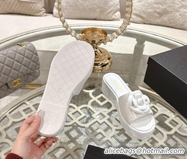 Good Quality Chanel Lambskin Platform Wedge Slides Sandal 7cm with Camellia White 2025 CH041710