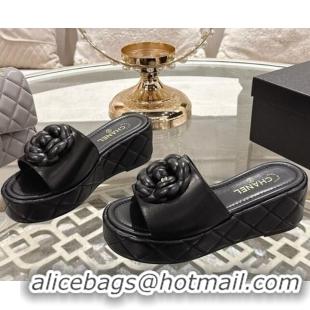 Grade Quality Chanel Lambskin Platform Wedge Slides Sandal 7cm with Camellia Black 2025 CH041710