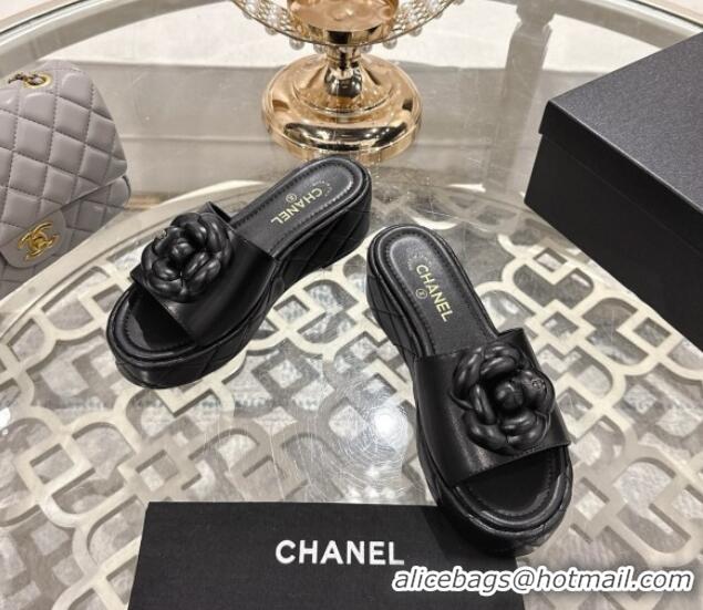 Grade Quality Chanel Lambskin Platform Wedge Slides Sandal 7cm with Camellia Black 2025 CH041710