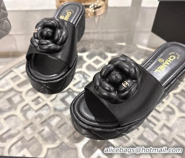 Grade Quality Chanel Lambskin Platform Wedge Slides Sandal 7cm with Camellia Black 2025 CH041710