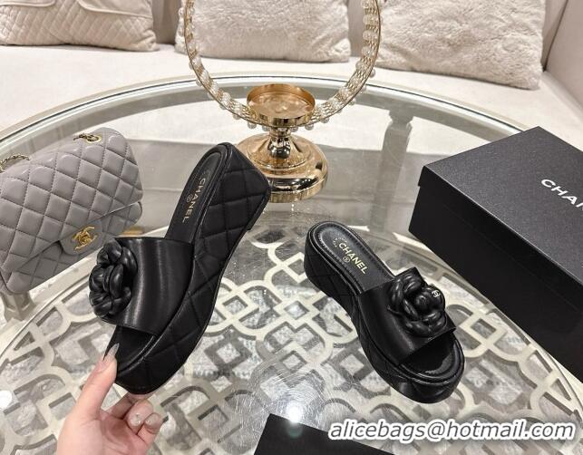 Grade Quality Chanel Lambskin Platform Wedge Slides Sandal 7cm with Camellia Black 2025 CH041710