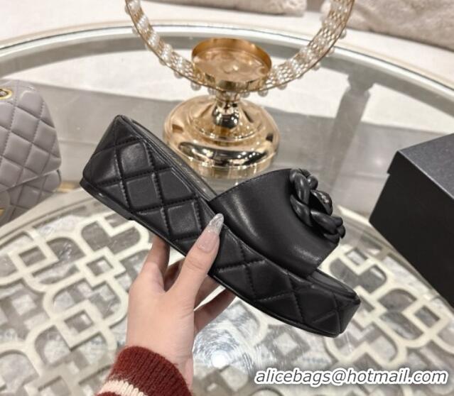 Grade Quality Chanel Lambskin Platform Wedge Slides Sandal 7cm with Camellia Black 2025 CH041710