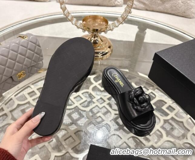 Grade Quality Chanel Lambskin Platform Wedge Slides Sandal 7cm with Camellia Black 2025 CH041710