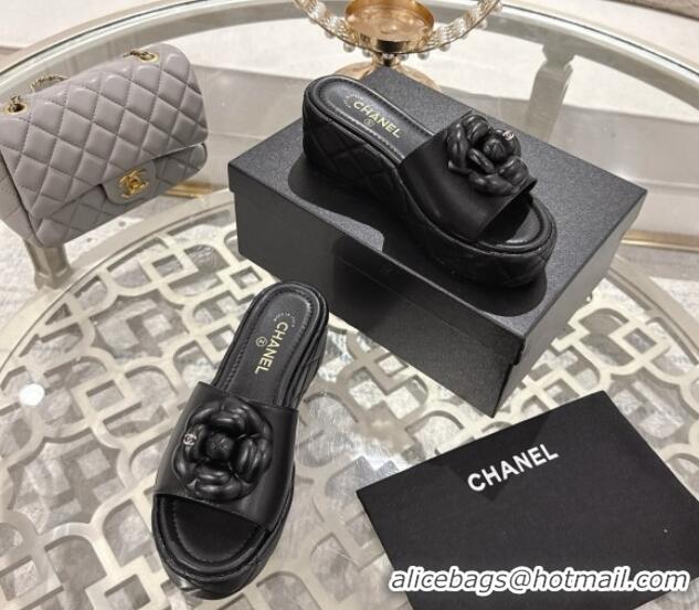 Grade Quality Chanel Lambskin Platform Wedge Slides Sandal 7cm with Camellia Black 2025 CH041710