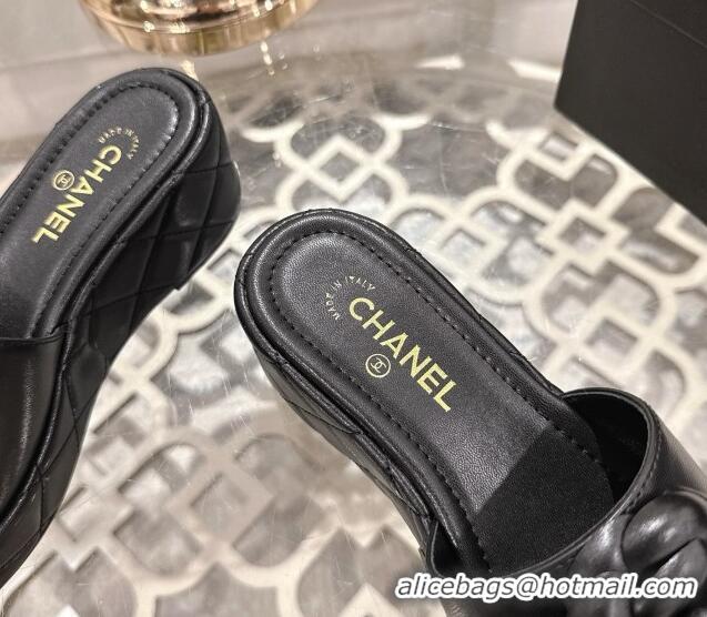 Grade Quality Chanel Lambskin Platform Wedge Slides Sandal 7cm with Camellia Black 2025 CH041710