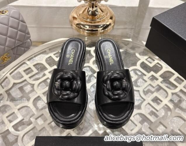 Grade Quality Chanel Lambskin Platform Wedge Slides Sandal 7cm with Camellia Black 2025 CH041710