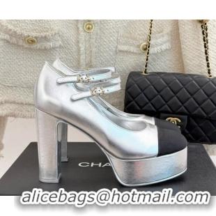 Popular Style Chanel Mary Janes in Laminated Lambskin G46433 Silver