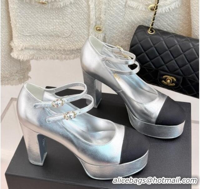 Popular Style Chanel Mary Janes in Laminated Lambskin G46433 Silver