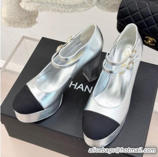 Popular Style Chanel Mary Janes in Laminated Lambskin G46433 Silver