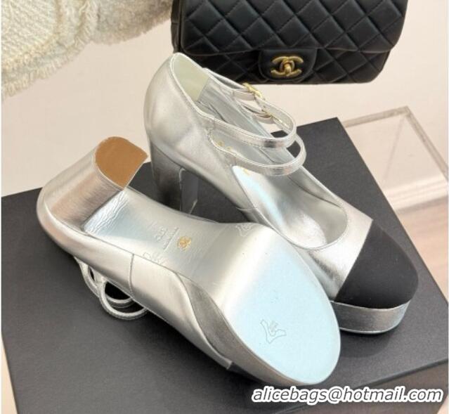 Popular Style Chanel Mary Janes in Laminated Lambskin G46433 Silver