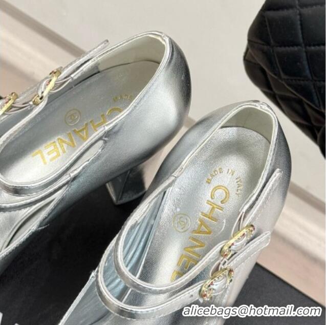 Popular Style Chanel Mary Janes in Laminated Lambskin G46433 Silver