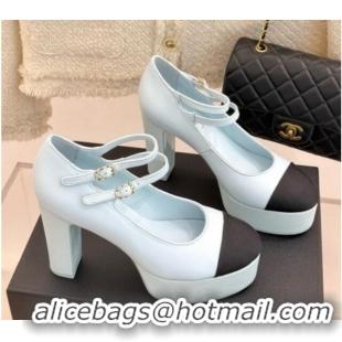 Luxury Cheap Chanel Mary Janes in Laminated Lambskin & Grosgrain G46433 Light Blue