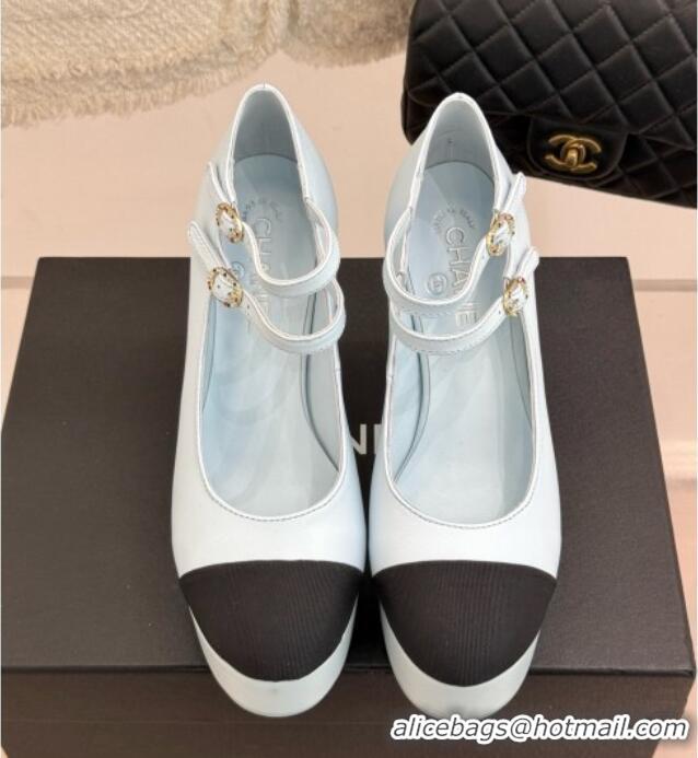 Luxury Cheap Chanel Mary Janes in Laminated Lambskin & Grosgrain G46433 Light Blue