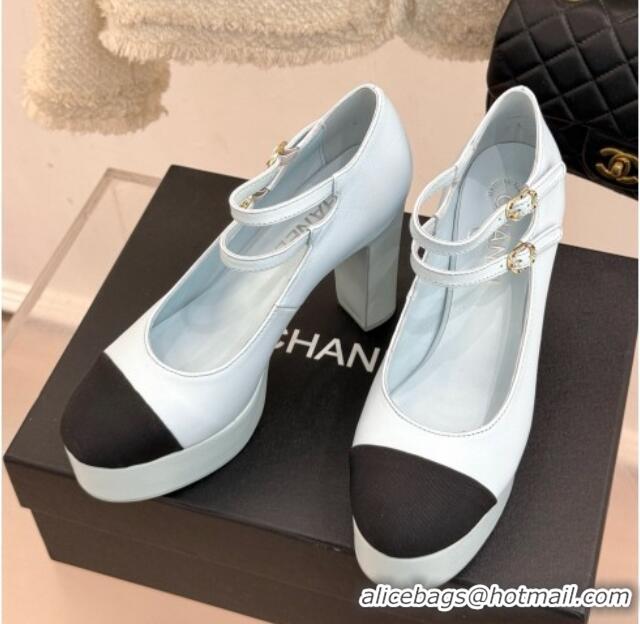 Luxury Cheap Chanel Mary Janes in Laminated Lambskin & Grosgrain G46433 Light Blue