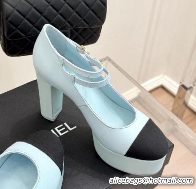 Luxury Cheap Chanel Mary Janes in Laminated Lambskin & Grosgrain G46433 Light Blue