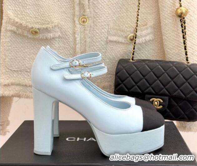 Luxury Cheap Chanel Mary Janes in Laminated Lambskin & Grosgrain G46433 Light Blue