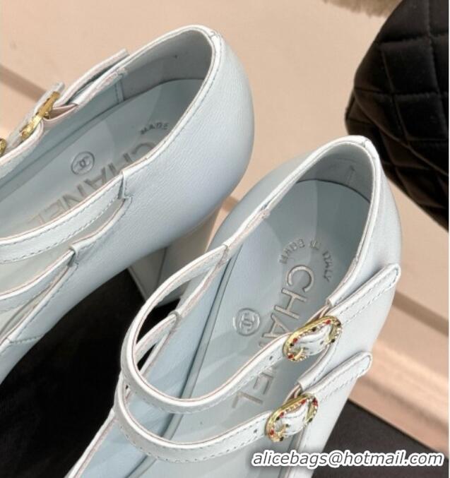 Luxury Cheap Chanel Mary Janes in Laminated Lambskin & Grosgrain G46433 Light Blue