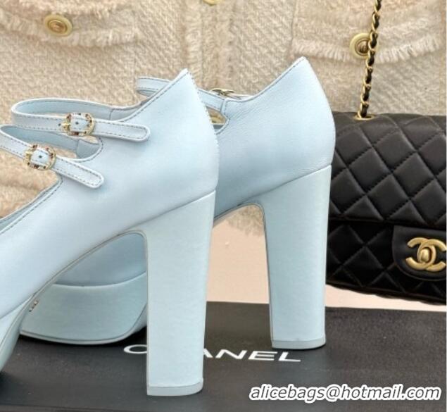 Luxury Cheap Chanel Mary Janes in Laminated Lambskin & Grosgrain G46433 Light Blue
